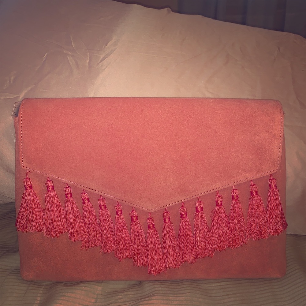 WHBM Genuine Suede and Fringe Coral Clutch NWT